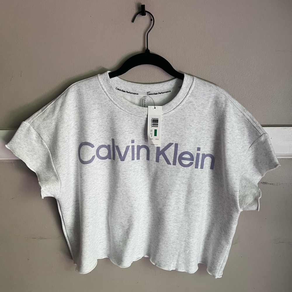 Calvin Klein Light Gray Cropped Tee with Lavender Logo